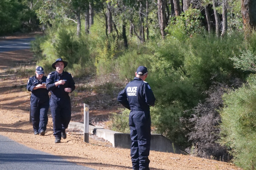 Three police officers on the side of a road, near bushland