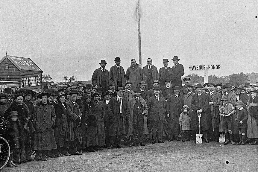Old black and white photo from 1917 of the first planting of the Ballarat East Avenue of Honour.