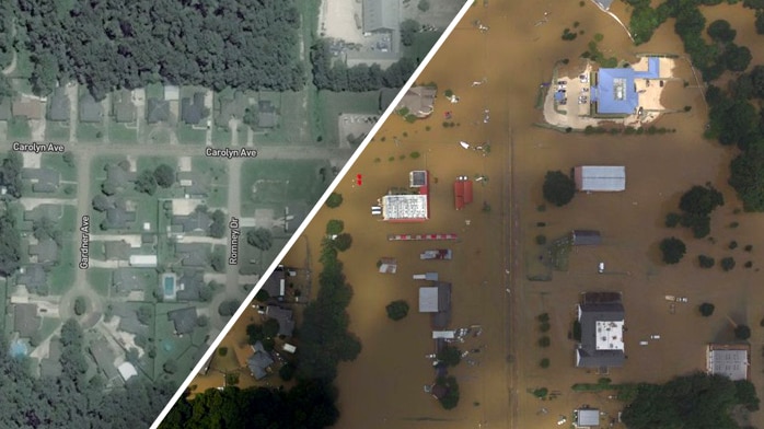 Satellite imagery shows floodwaters in the US state of Louisiana.