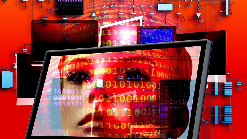 a graphic of a computer aith an ai-generated woman on the screen