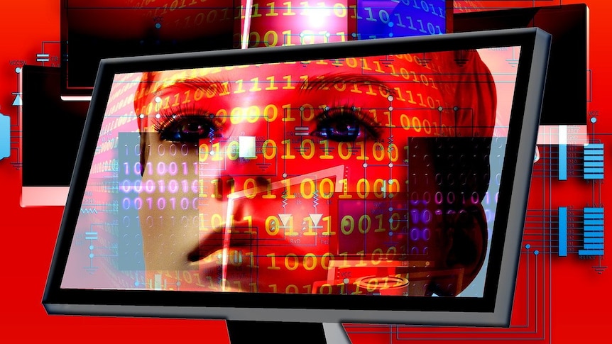 a graphic of a computer aith an ai-generated woman on the screen