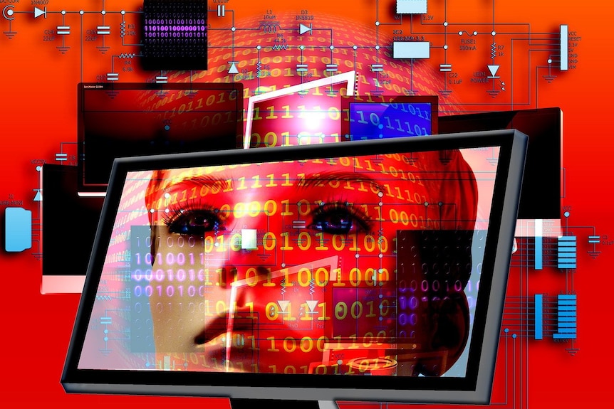 a graphic of a computer aith an ai-generated woman on the screen