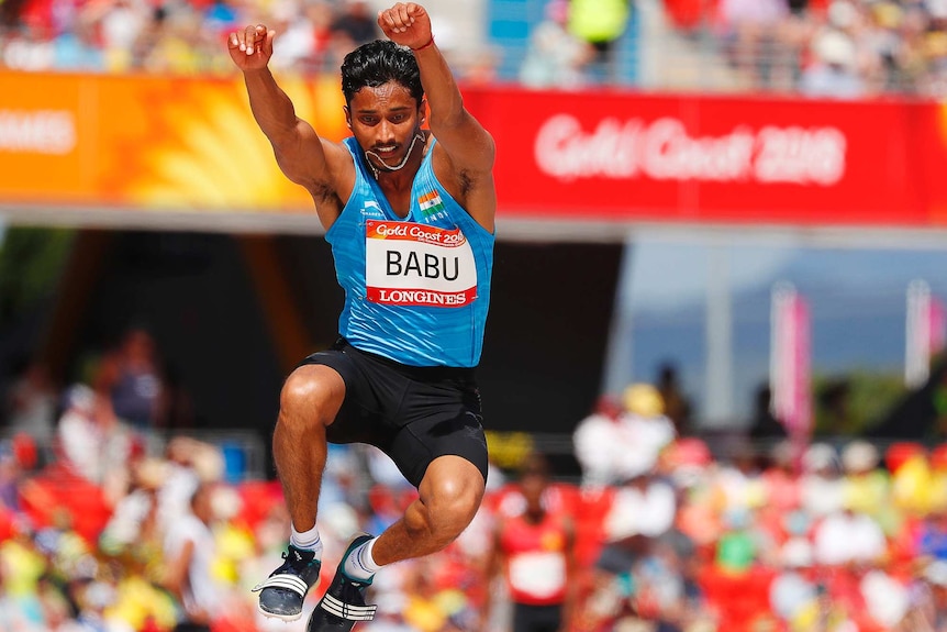 Rakesh Babu of India competes in the Men's Triple Jump at the Gold Coast 2018 Commonwealth Games.