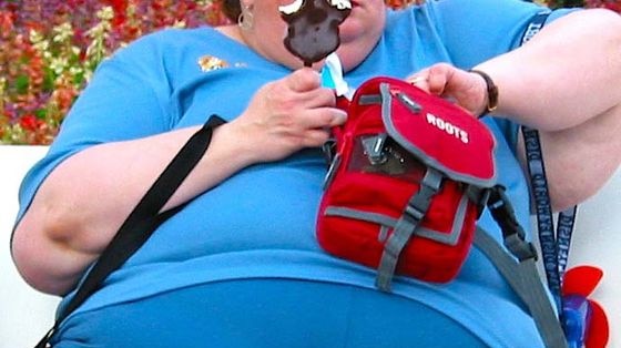 An obese person sits on a park bench