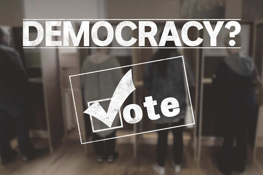 A graphic shows people at polling booths in the background with "democracy" written over the top.