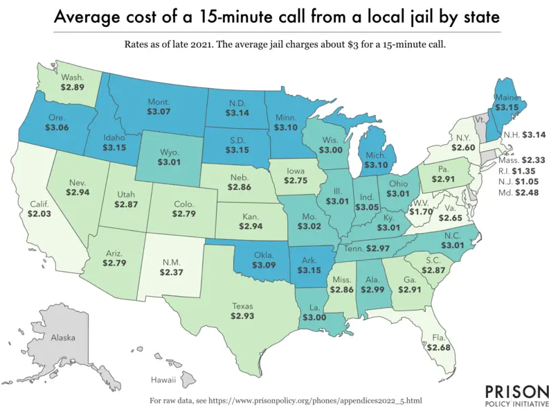 An illustrated map showing the different costs of jail phone calls across American states