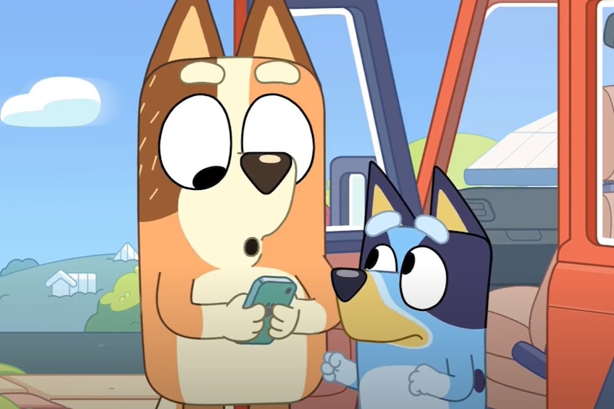 Animated character Bluey next to a car.