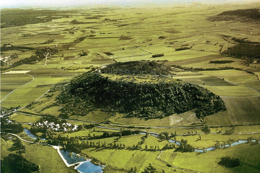 Ariel view of French country side with a flat topped mont in the middle