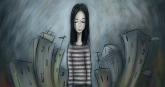 A cartoon image of a young girl walking through the city.