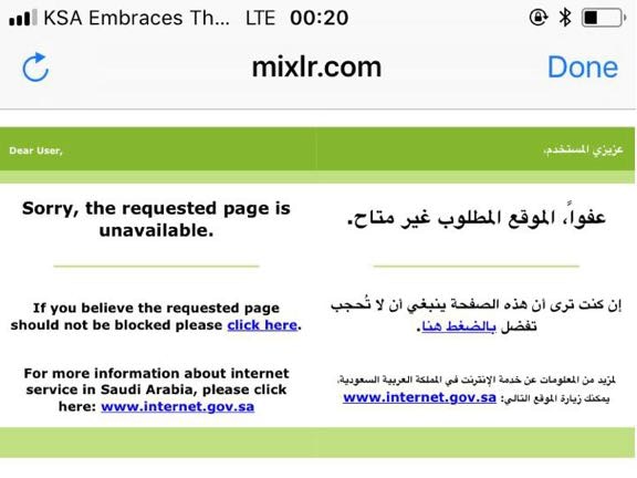 A screenshot that appears to show the mixlr domain blocked inside Saudi Arabia