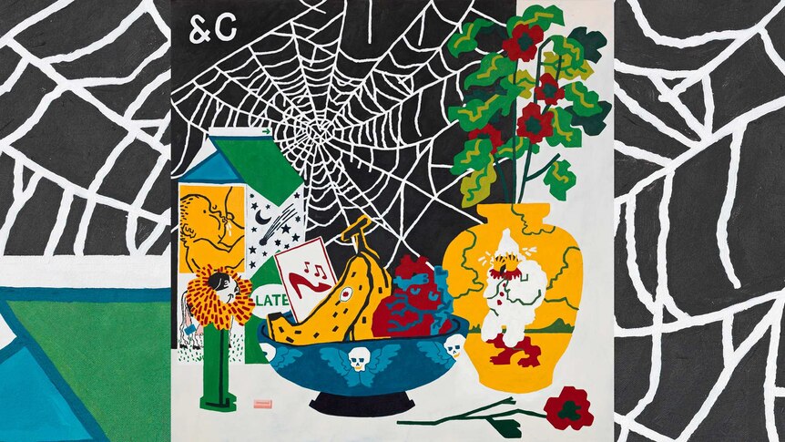 A colourful cartoon drawing of a spider web, a bowl of fruit, a flower pot and a milk carton