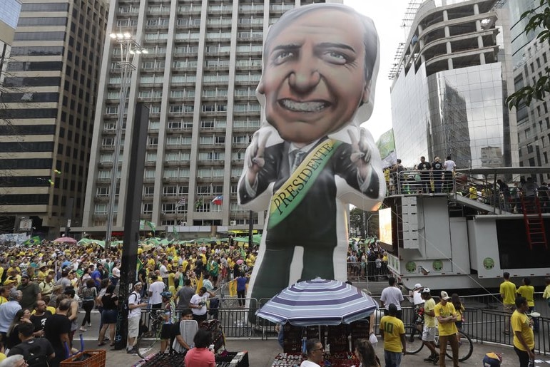Blow up doll of right wing candidate Jair Bolsonaro in a Sao Paulo march, Sept 30