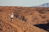 A lone runner is dwarfed in the foreground by a rugged red landscape with a large mountain in the distance