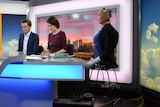 The torso of Sophia the robot joins Michael Rowland and Virginia Trioli at the news desk.