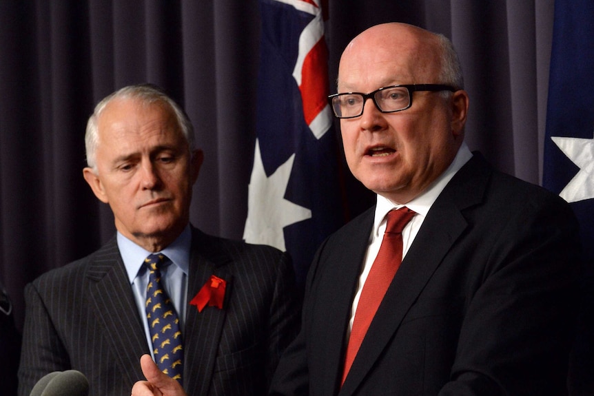 Malcolm Turnbull and George Brandis speak at a press conference after the legislation was introduced.