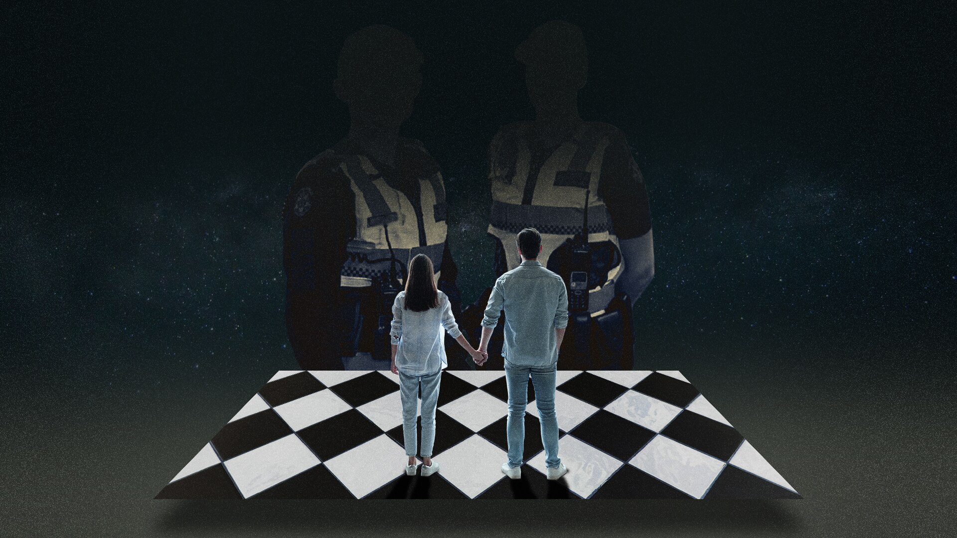 Graphic of a couple standing below an image of police officers.