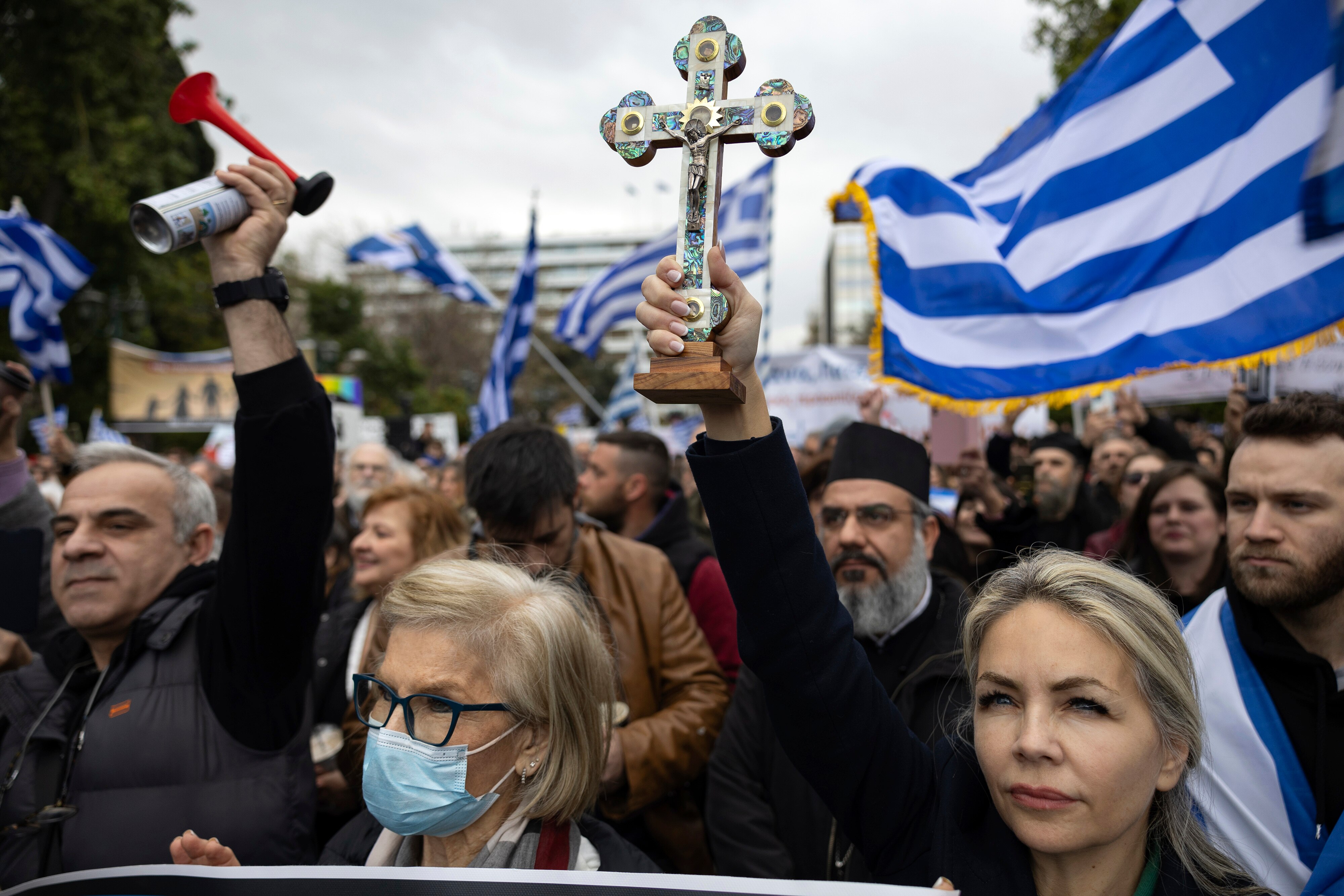 Protesters take part in a rally against same-sex marriage in Athens.