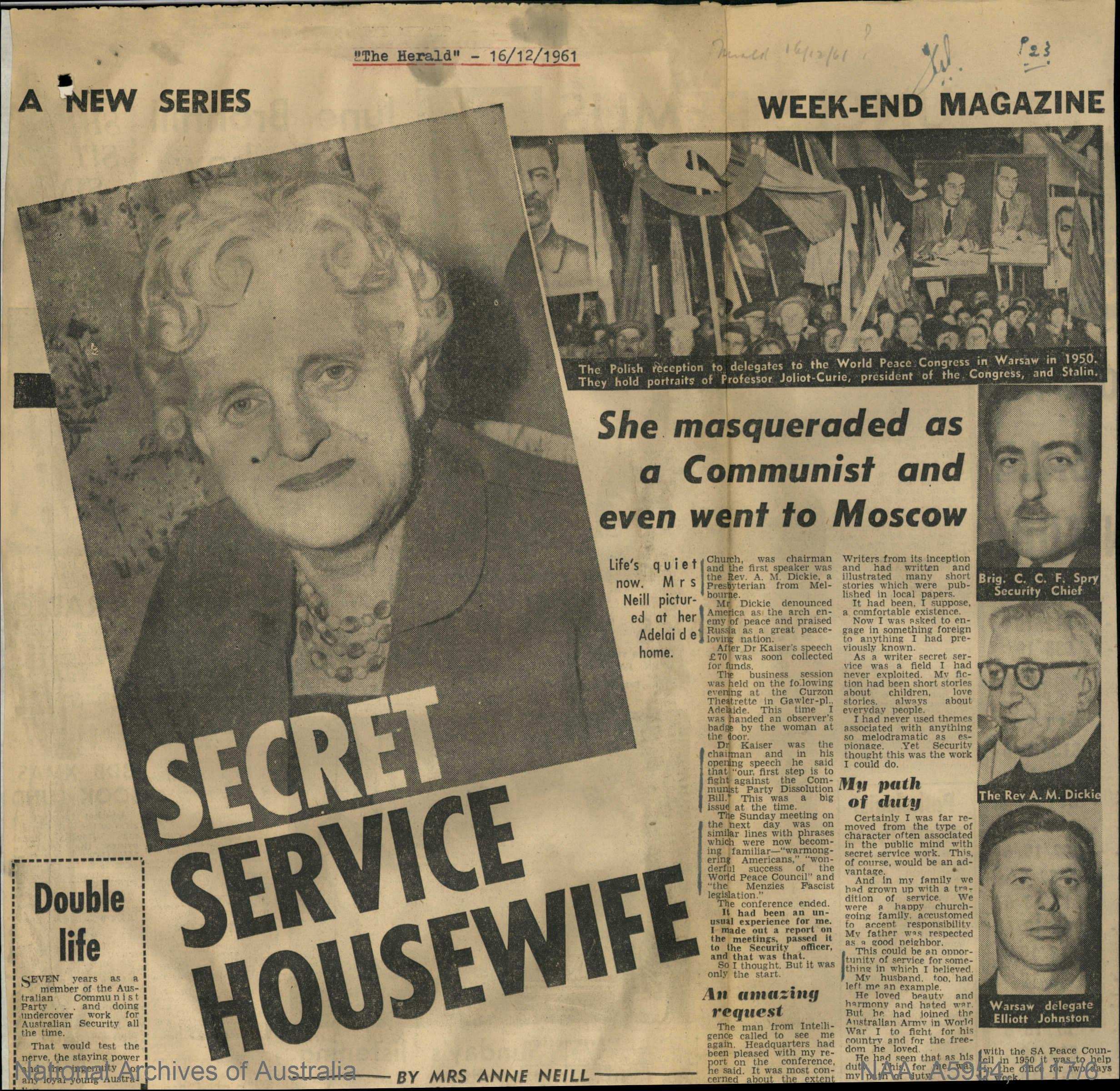 Newspaper clipping with smiling Anne Neill and headline 'SECRET SERVICE HOUSEWIFE'.