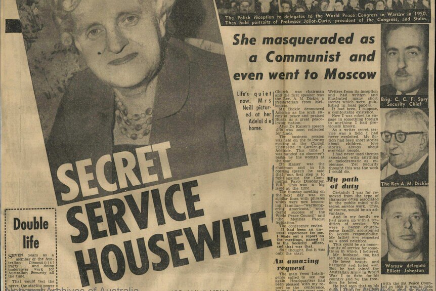 Newspaper clipping with smiling Anne Neill and headline 'SECRET SERVICE HOUSEWIFE'.
