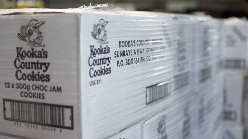 A pallet of Kooka's Country Cookies, shrink wrapped for transport.