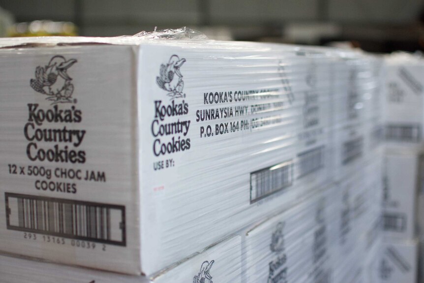 A pallet of Kooka's Country Cookies, shrink wrapped for transport.