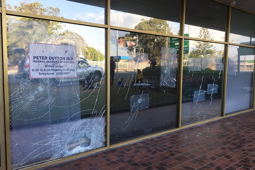 Smashed windows and glass doors, at federal MP Peter Dutton's office at Strathpine, north of Brisbane.