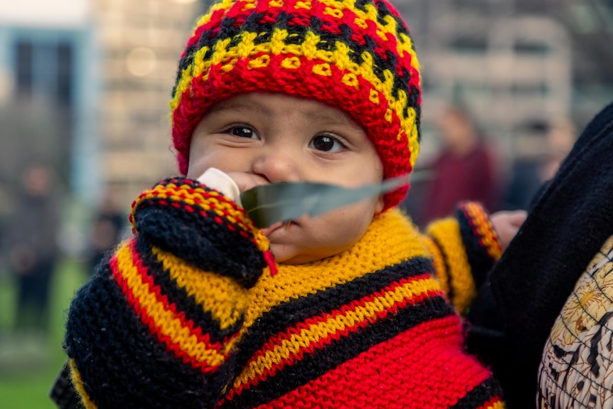 A baby dressed in a beanie and jumper in Aboriginal colours holds a gumleaf.