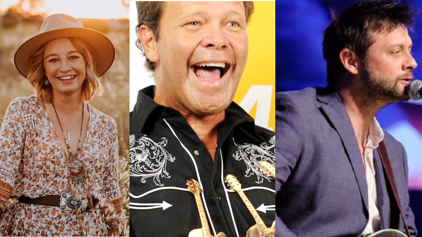 A split image showing country singers Ashleigh Dallas, Troy Cassar-Daley and Shane Nicholson.