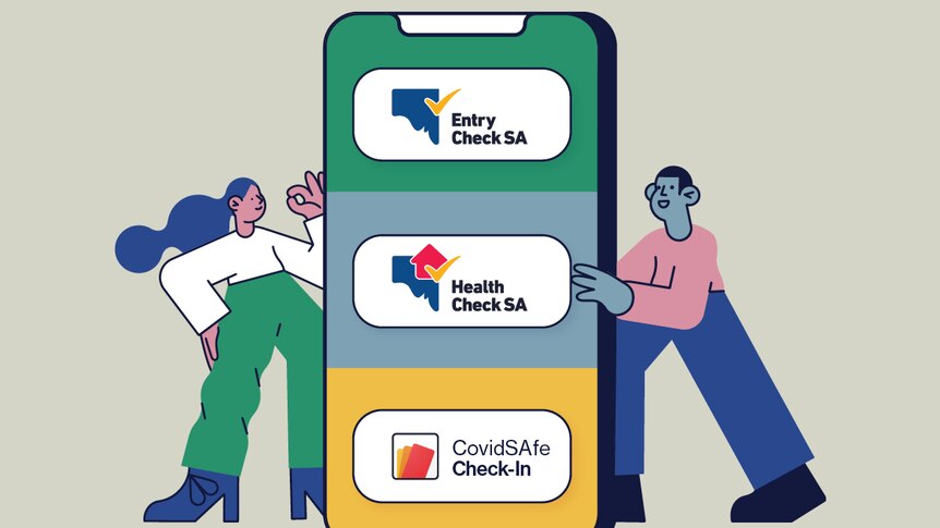 An image of a phone showing three apps - Entry Check, Health Check and Covid safe