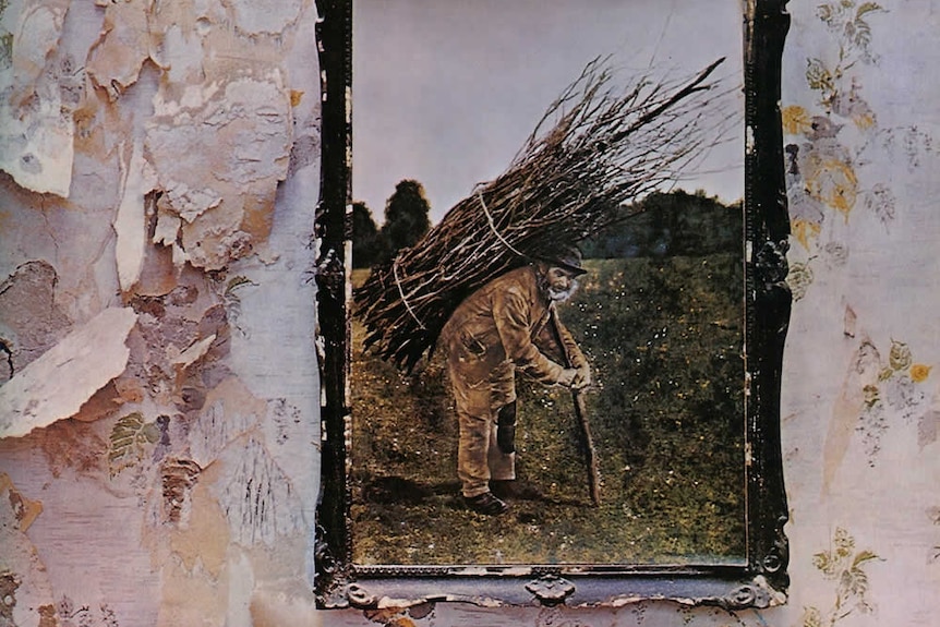 The album cover of Led Zeppelin IV, featuring a painting of old man carrying a load of wood on his back.