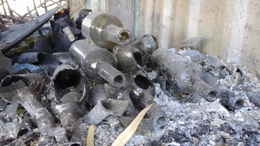 Burnt wine bottles at Kersbrook Hill Winery