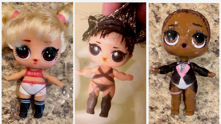A collage of three dolls showing provocative underwear.