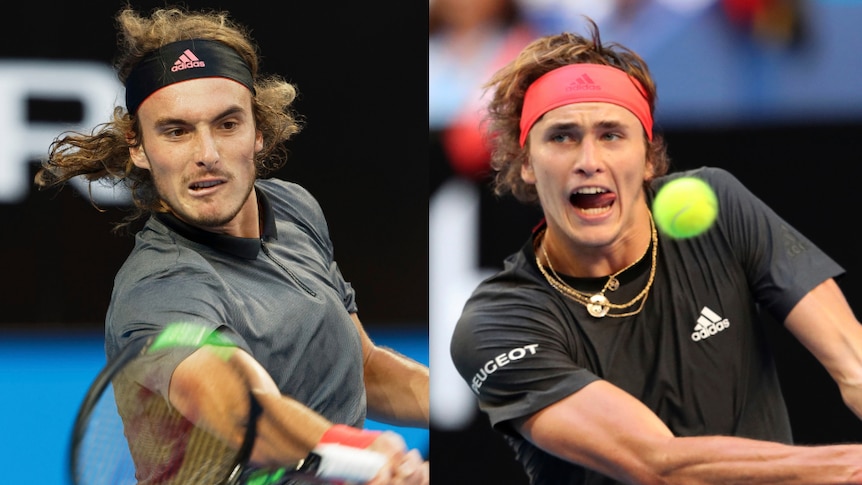 Composite photo of tennis players Stefanos Tsitsipas of Greece and Alexander Zverev of Germany.