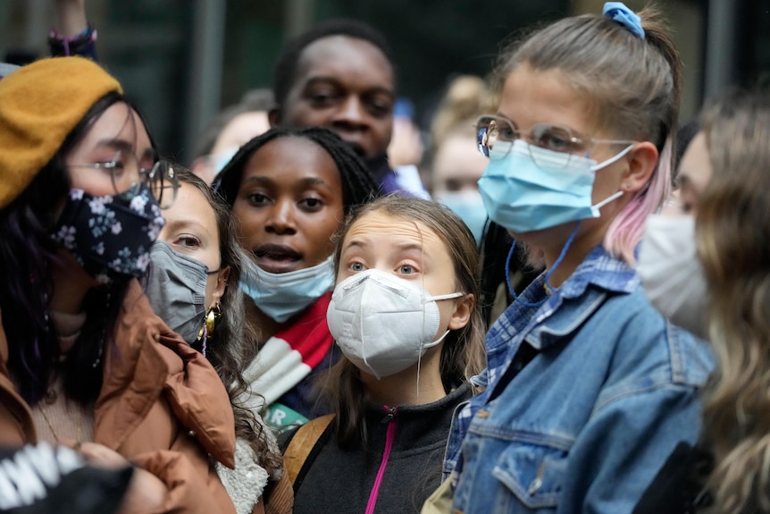 Greta Thunberg demonstrates at a protest in London outside a Standard Chartered Bank ahead of COP26, October 29, 2021.