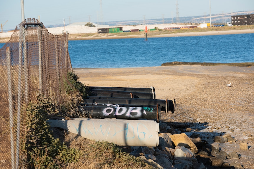 Several industrial outlet pipes face a waterway on a shore