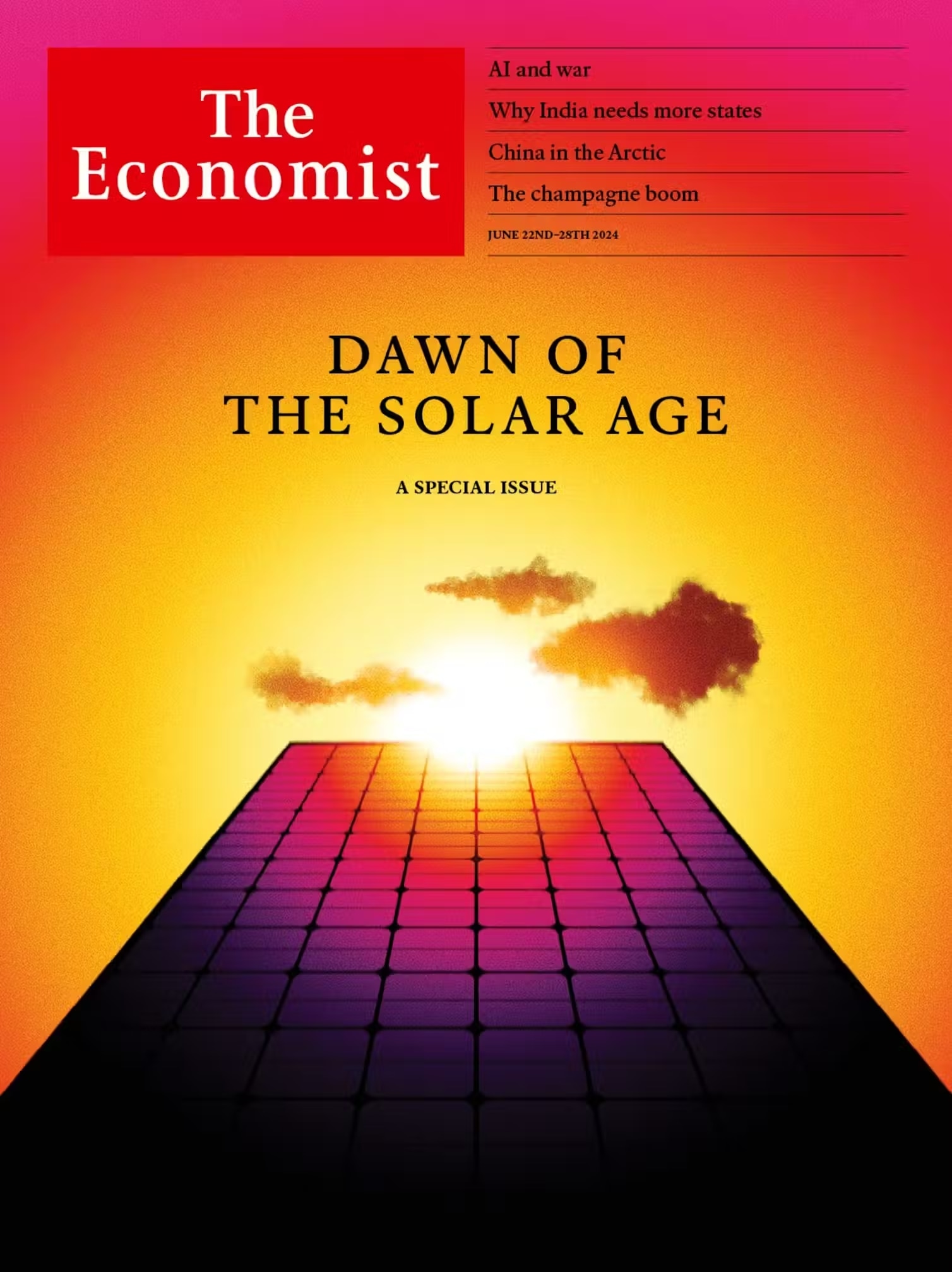 The front cover of The Economist magazine featuring a solar panel and the headline, 'Dawn of the solar age'