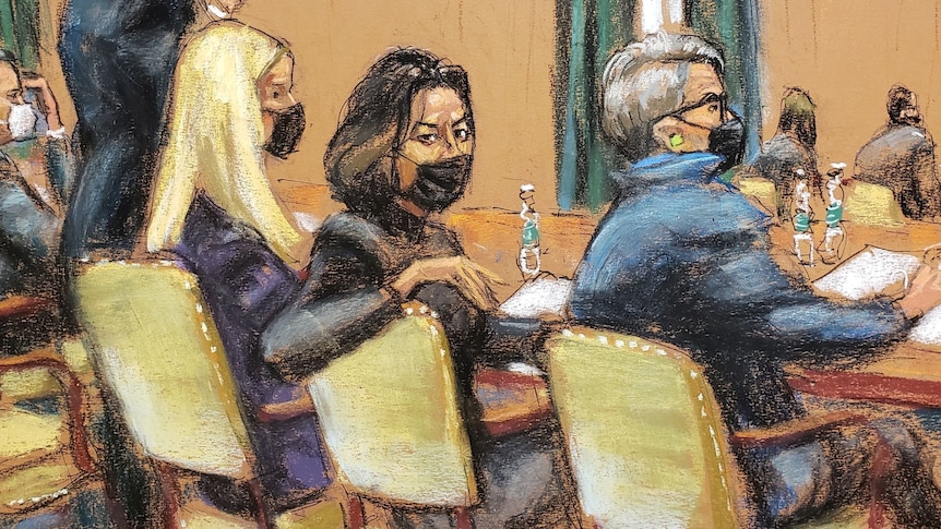 A court sketch of Ghislaine Maxwell depicted in a black face mask looking over the back of her chair, surrounded by lawyers