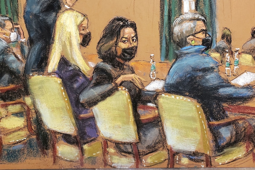 A court sketch of Ghislaine Maxwell depicted in a black face mask looking over the back of her chair, surrounded by lawyers