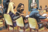 A court sketch of Ghislaine Maxwell depicted in a black face mask looking over the back of her chair, surrounded by lawyers