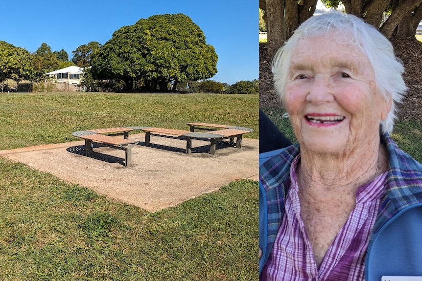 A split image of a grassy park with a bench and house in the background, and an older woman with white hair.