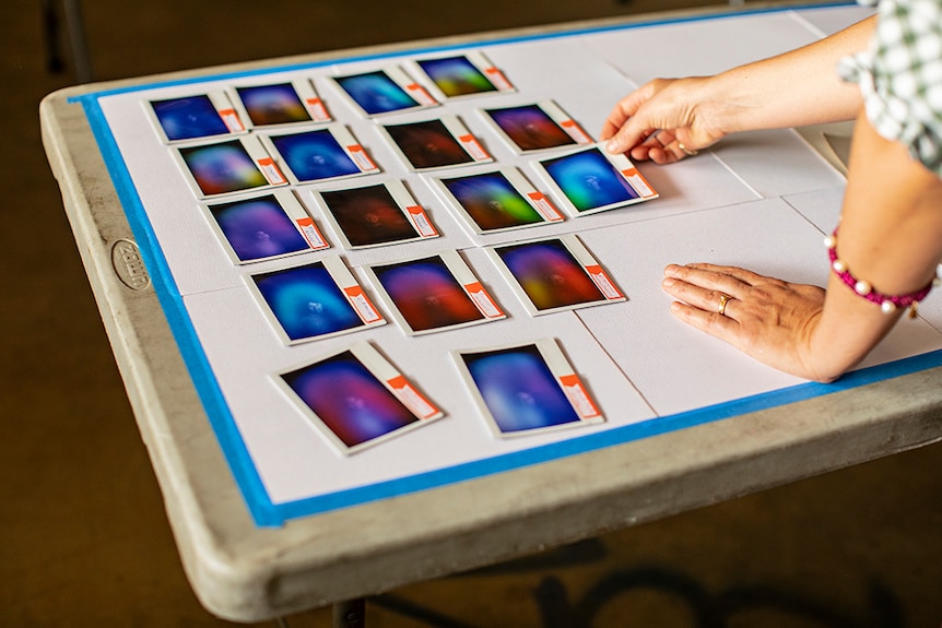 Window light illuminates hands sorting through colourful polaroid portraits organised in a loose grid on table with white paper.