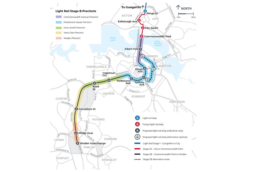 A map showing proposed routes for Canberra light rail Stage 2B. 