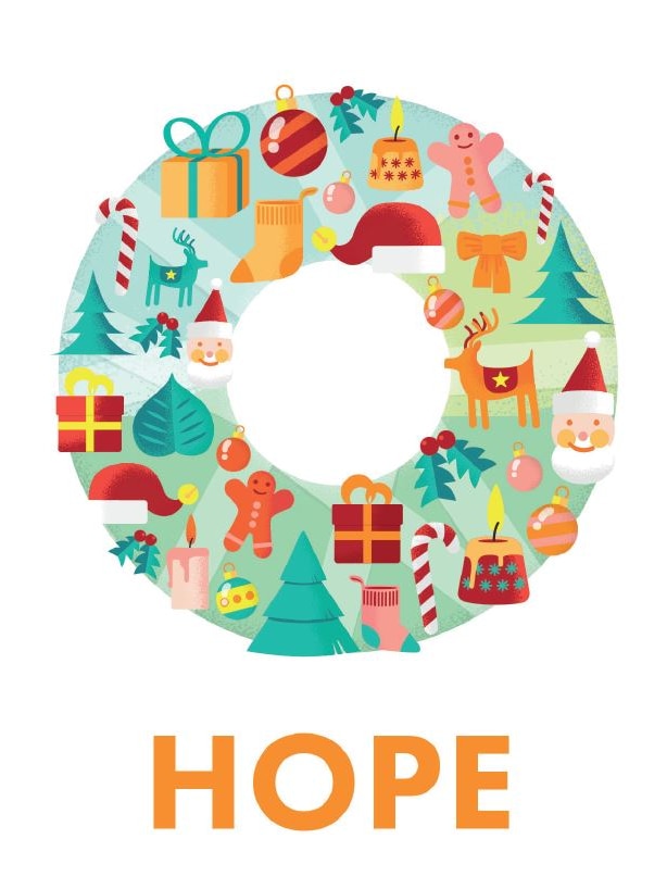Postcard with illustration of Christmas wreath reads 'Hope'