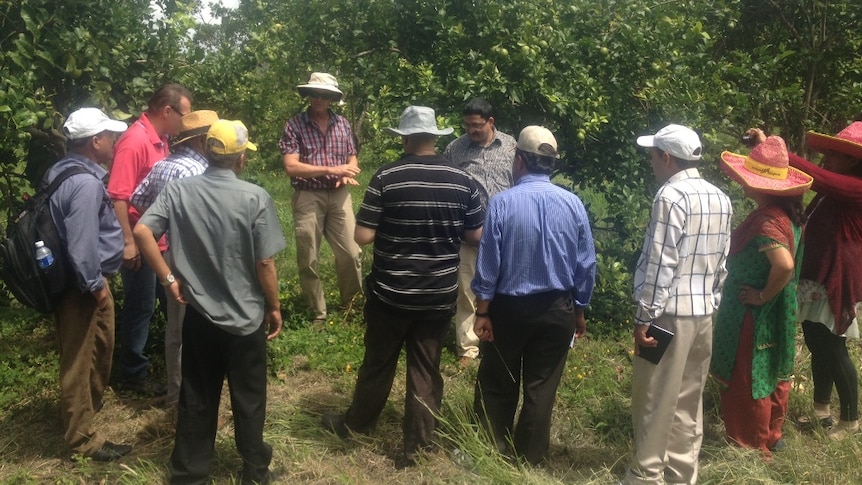 Ken Mason tells Nepalese visitors about his farming practices in Central Queensland
