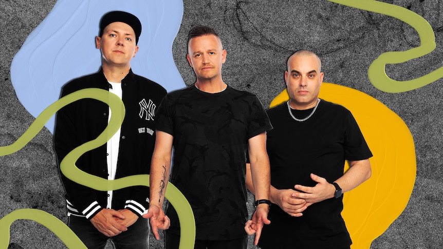 A 2022 press shot of Hilltop Hoods against an illustration of coloured shapes