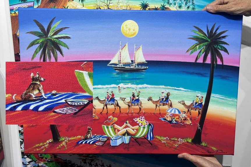 painting of people lounging at the beach, one close up at a dog painted on a bath towel 