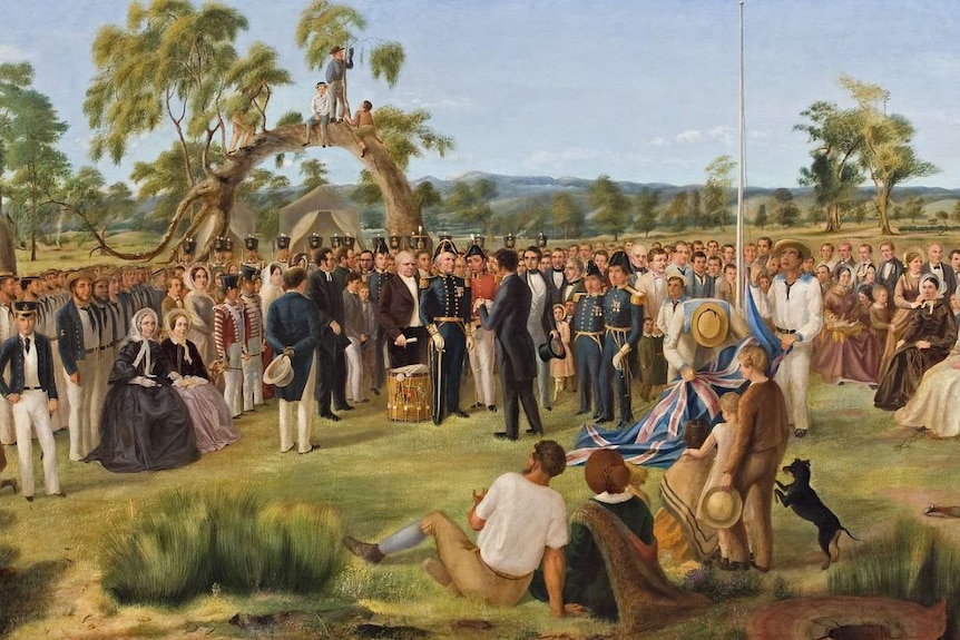An 1836 gathering of early white settlers around a flagpole.