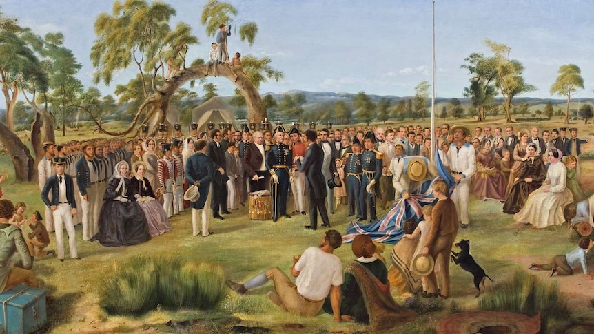 An 1836 gathering of early white settlers around a flagpole.