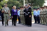 WA Governor Kerry Sanderson walks past a military line-up on her way to Parliament House.