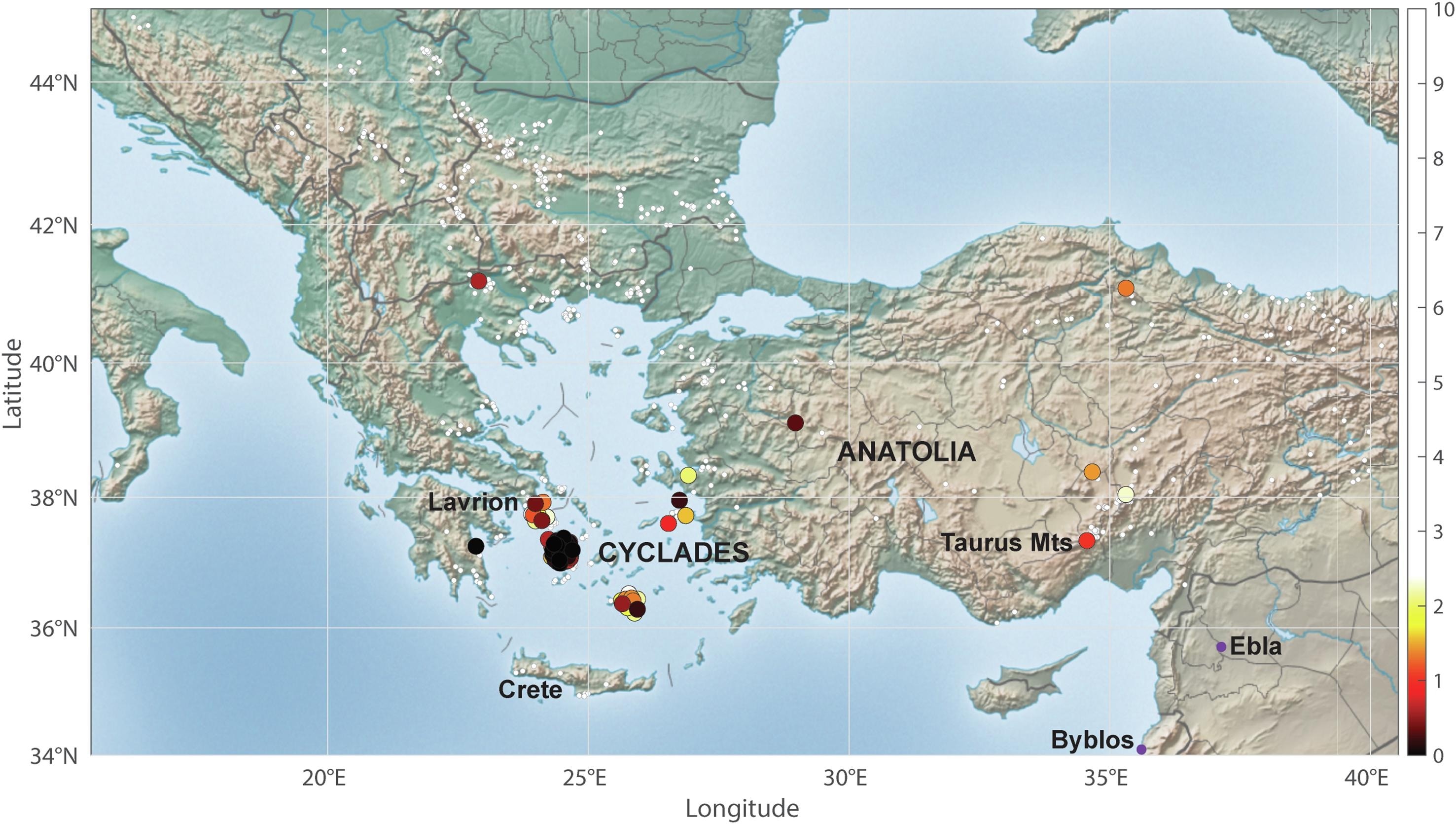 Map of the north-east Mediterranean and western Asia, showing potential silver sources 